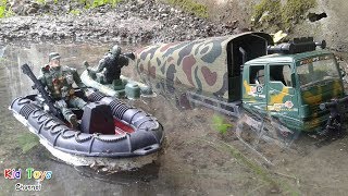 RC Truck To Pull A Military Truck From Deep Water amp Toys soldiers [upl. by Nas702]