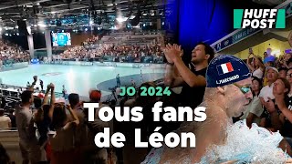 Aux JO de Paris 2024 Léon Marchand et ses médailles fêtées dans toutes les arènes sportives [upl. by Calvinna]