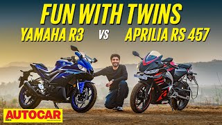 Yamaha R3 vs Aprilia RS 457  Entrylevel sportbike face off  Comparison  Autocar India [upl. by Casilda]