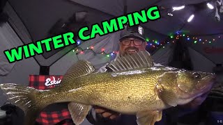 Winter Camping and Ice Fishing BIG Walleye  MERRY CHRISTMAS [upl. by Godding594]