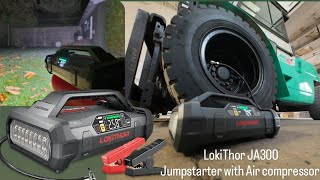 LokiThor JA300 Jumpstarter with compressor  View in the box and first test on a Forklift [upl. by Aissatsana]