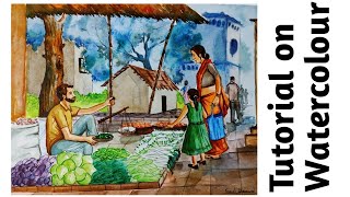 watercolourdrawing finearts Tutorial of watercolor drawing  Market scene  composition work [upl. by Dlarrej]