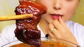 Eating pork belly with rice noodle asmr [upl. by Enelyar]