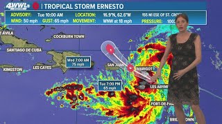 Tuesday 12 pm Tropical Update Tropical Storm Ernesto expected to turn north and grow stronger [upl. by Eiliah661]