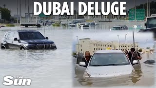 Dubai hit with ‘worst storm in 75 years’ as floods grind city to a halt and at least one killed [upl. by Ahsienek116]