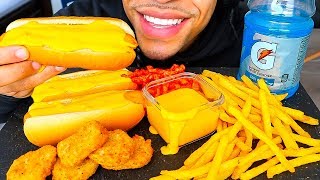 ASMR EATING CHEESY HOT DOGS CHICKEN NUGGETS HOT CHEETOS FRIES WITH CHEESE MUKBANG JERRY NO TALKING [upl. by Frendel]