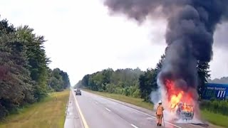 CAUGHT ON CAMERA  Driver gets dashcam video of car on fire along I96 [upl. by Dduj]