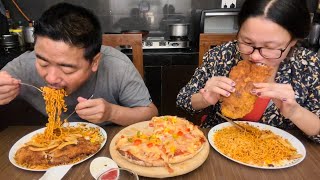 Crispy fried Fish Fillets Home made Cheese Piza with 2X Spicy Noodles Mukbang [upl. by Gerius]