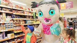 Kids pretend doing shopping in real life with Big Baby Doll in supermarket Funny video [upl. by Wavell768]