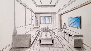 How to draw a living room in one point perspective time lapse [upl. by Kwon225]