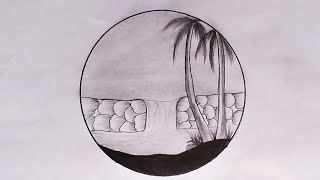 Waterfall Scenery Drawing  Circle Scenery Art  Landscape Drawing [upl. by Eaner]