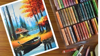 Oil Pastel Landscape Drawing  step by step  Forest cabin scenery Painting with Oil Pastel [upl. by Ellehcir843]