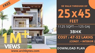 25x45 House Design 3D  1125 Sqft  125 Gaj  3 BHK  Modern Design  Terrace Garden  8x14 Meters [upl. by Astrix]