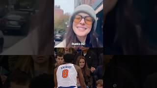 Anne Hathaway thanks OG Anunoby for almost crashing into her during the Knicks game 🤣 [upl. by Lihas928]