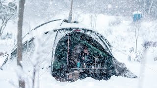 Camping in Heavy snow  snow falls all day camping alone in the snow  Hot tent  snowstorm [upl. by Carrelli]