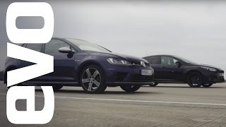 Ford Focus RS vs Volkswagen Golf R  which is fastest  evo DRAG BATTLE [upl. by Aihseya363]