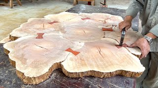 Woodworking Masterpiece With Strange Tree Stump  A Sturdy Wooden Table For The Garden To Look New [upl. by Lhok]