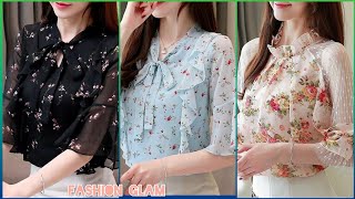 Most Stylish Printed Georgette Formal Ladies Top amp Blouse StylesSleeves amp Neck Designs [upl. by Anelem]