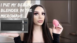 I PUT MY BEAUTY BLENDER IN THE MICROWAVE  How to clean your beauty blender in 1 minute [upl. by Retsevlys]