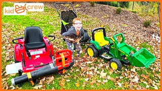 Collecting leaves with kids zero turn mower tractor and truck Educational leaf blowers  Kid Crew [upl. by Soulier]