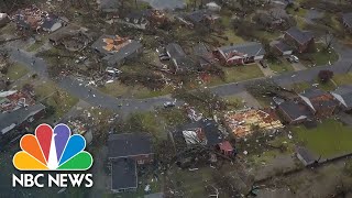 Watch Drone video shows damage in aftermath of Arkansas tornado [upl. by Eetnom]