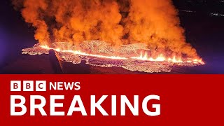 Iceland volcano erupts near village  BBC News [upl. by Walther257]