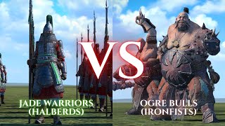 WARHAMMER III Total War  Jade Warriors Halberds VS Ogre Bulls Ironfists [upl. by Anomis]