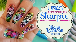 UÑAS DECORADAS CON MARCADORES SHARPIE • DISEÑO PRIMAVERAL • Diana Leemoon [upl. by Bibah]