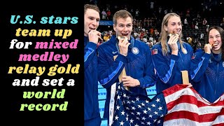 US stars team up for mixed medley relay gold and set a world record parisolympics2024 [upl. by Juxon774]