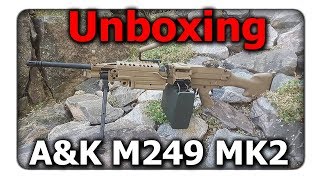 Unboxing AampK M249 MK2 Tan 05j  QAirsoft [upl. by Nathanael]