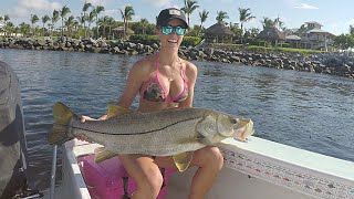 Florida Fishing Girl catching MONSTER Snook Inshore Jupiter  Part 1 [upl. by Cannice]