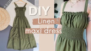 How To Make a Shirred Linen Maxi Dress with a Tiered Skirt  How to make Shirring  Owlipop DIY [upl. by Atalante169]