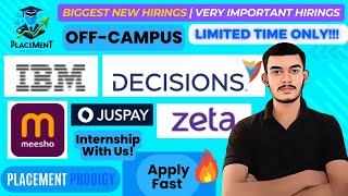 Biggest New Hirings  OFF Campus Drive  Justpay Zeta IBM  2024 2023 Batch  Jobs [upl. by Atirb]