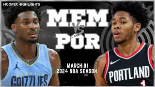 Memphis Grizzlies vs Portland Trail Blazers Full Game Highlights  Mar 1  2024 NBA Season [upl. by Yllrebmik]