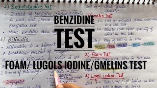 Chemical test blood benzidine  orthotoluidine test  bilirubin  Gmelins  Foam in urine [upl. by Bilek506]