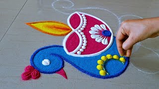 Special Peacock Rangoli Design For Diwali  Deepavali Rangoli Designs  Easy Deepavali Kolam Designs [upl. by Lana]