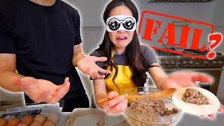 Making Chinese Dumplings BLINDFOLDED COUPLES COOKING CHALLENGE [upl. by Enyad]