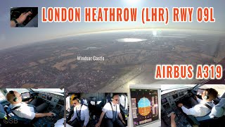 London Heathrow LHR  Pilots  cockpit view of early morning Airbus approach  landing runway 09L [upl. by Lindsley]