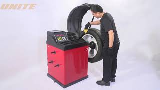 UNITE U820 SelfCalibrating Computer Wheel Balancer Operation  how to balance a tire with machine [upl. by Nielson]