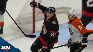 Senators Adam Gaudette Cuts Through Flyers Defence Before Burying Backhand Goal [upl. by Alekram618]