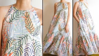 DIY Halter Neck Maxi Dress  Linen Maxi Ruffle Hem Dress [upl. by Ciel]