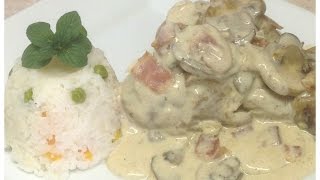 Pollo en Crema de Champiñones con Tocino RIQUÍSIMO Y MUY FACIL [upl. by Macmullin255]