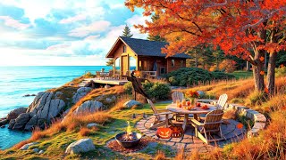 Smooth Jazz Music amp Bossa Nova Cozy Autumn Cabin by the Ocean with Warm Firepit and Halloween Vibes [upl. by Norac]