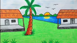 How to draw Riverside village scenery  natural scenery drawing  prakritik drishya drawing art [upl. by Xirtaeb]