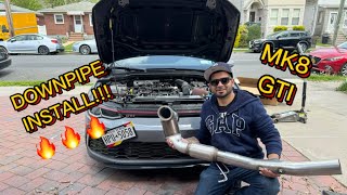 MK8 GTI DOWNPIPE INSTALL Milltek HiFlow Cat Jackstands No Subframe Removal [upl. by Lisha]