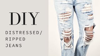 HOW TO  DIY Distressed  Ripped Jeans Tutorial [upl. by Areval208]