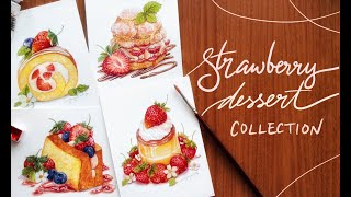 4 Watercolor Strawberry Desserts Collection [upl. by Orgell659]