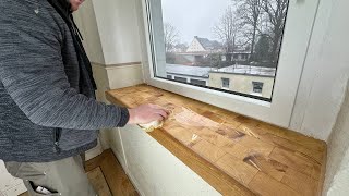 Fensterbank mit Holz verkleiden  fensterbank aus mit parkett  parkettboden auf fensterbank kleben [upl. by Roskes]