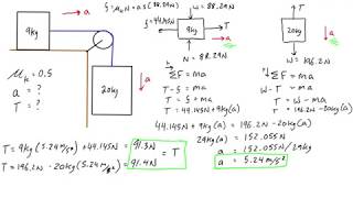 Kinetics pulley example problem with a friction surface [upl. by Angelle]