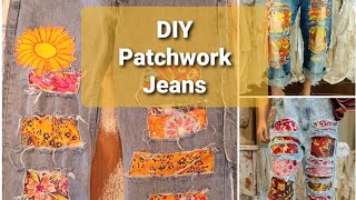 How to make upcycled patchwork jeans Diy sewing tutorial [upl. by Ailbert]